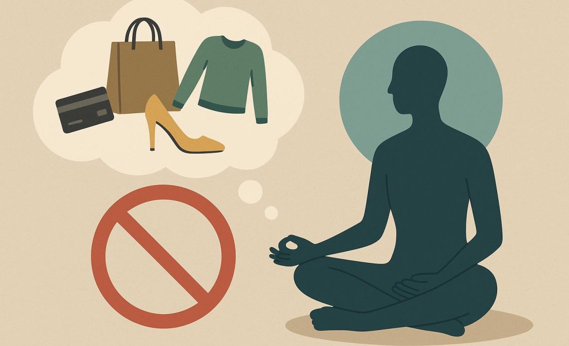 Person practicing mindfulness meditation while considering shopping choices to reduce impulse spending