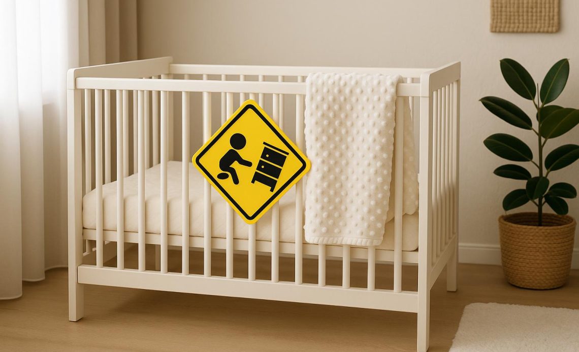 Safe baby crib with soft bumpers and secured furniture in a modern condo nursery setting