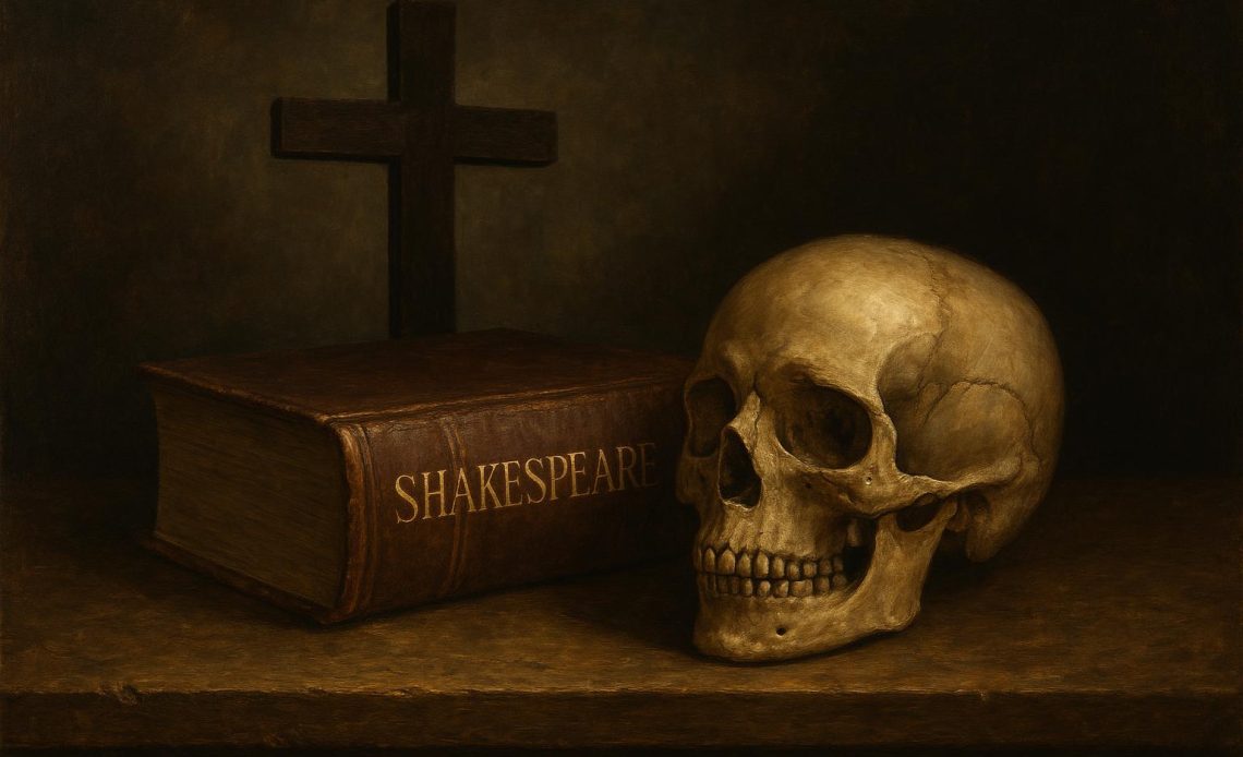 Open book and cross on wooden table symbolizing faith and Shakespearean tragic heroism
