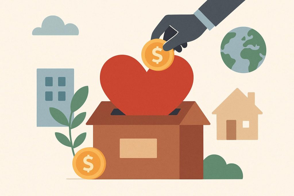 Hands exchanging a donation box symbolizing community impact and benefits of charitable giving