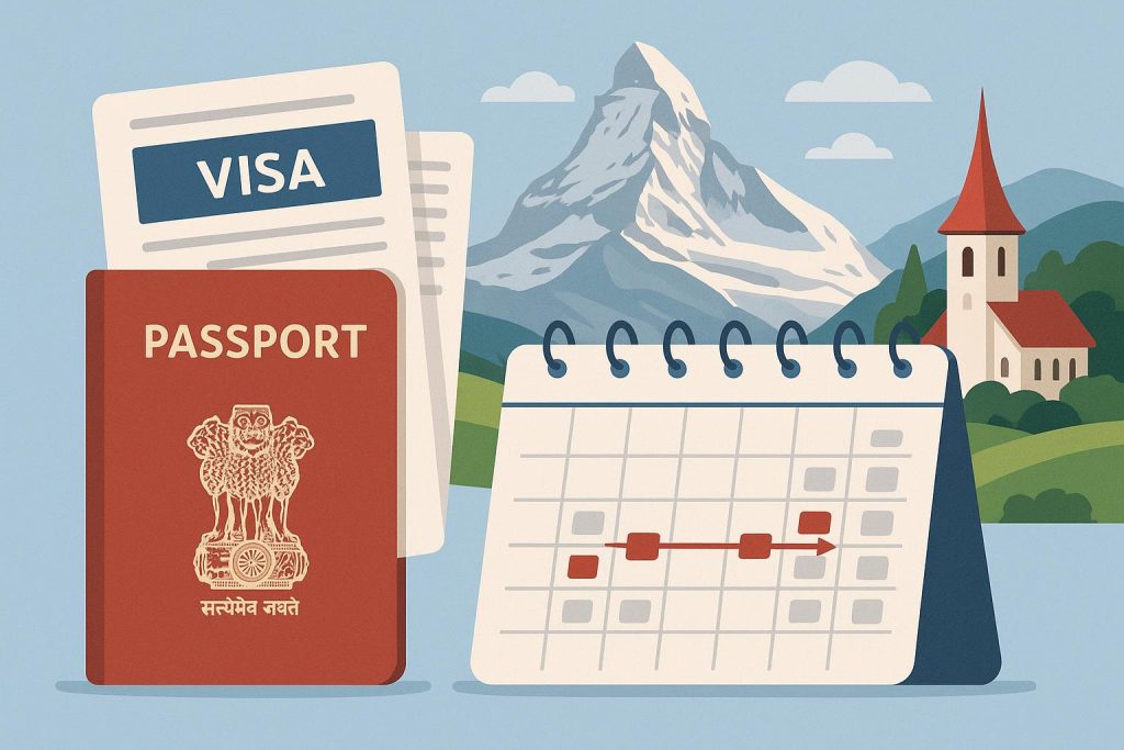 Indian passport, Switzerland map, and travel documents for Switzerland visa and trip planning