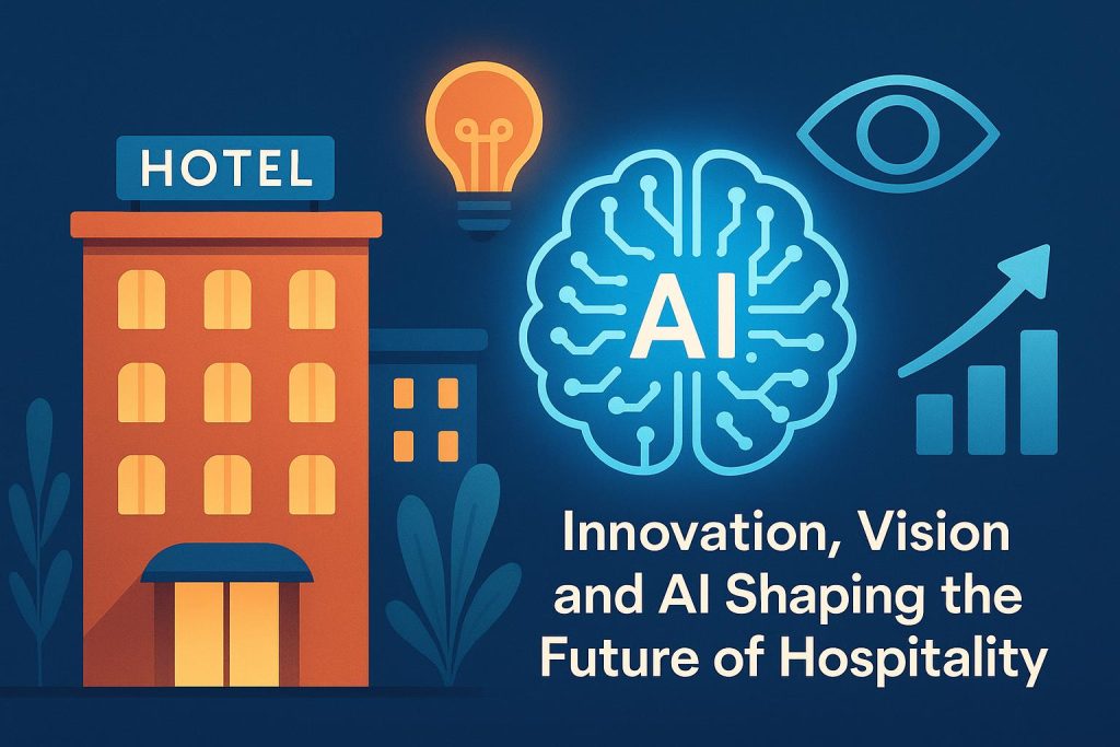 Modern hotel lobby with digital screens and AI technology elements reflecting innovation in hospitality