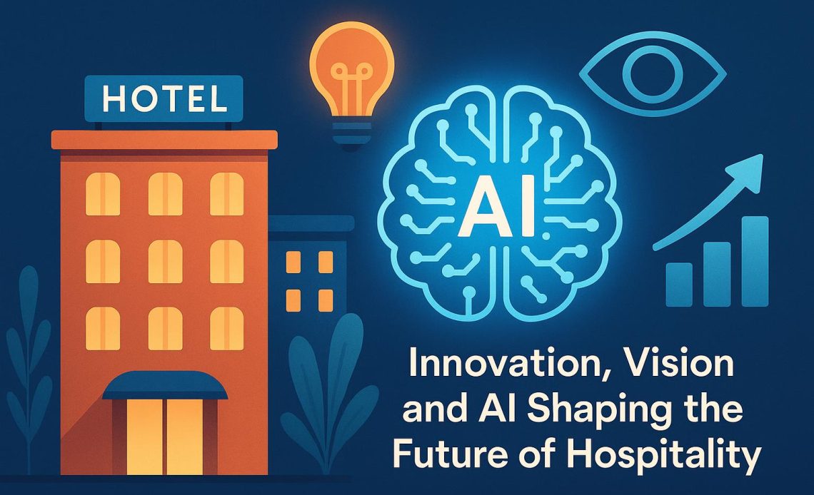 Modern hotel lobby with digital screens and AI technology elements reflecting innovation in hospitality