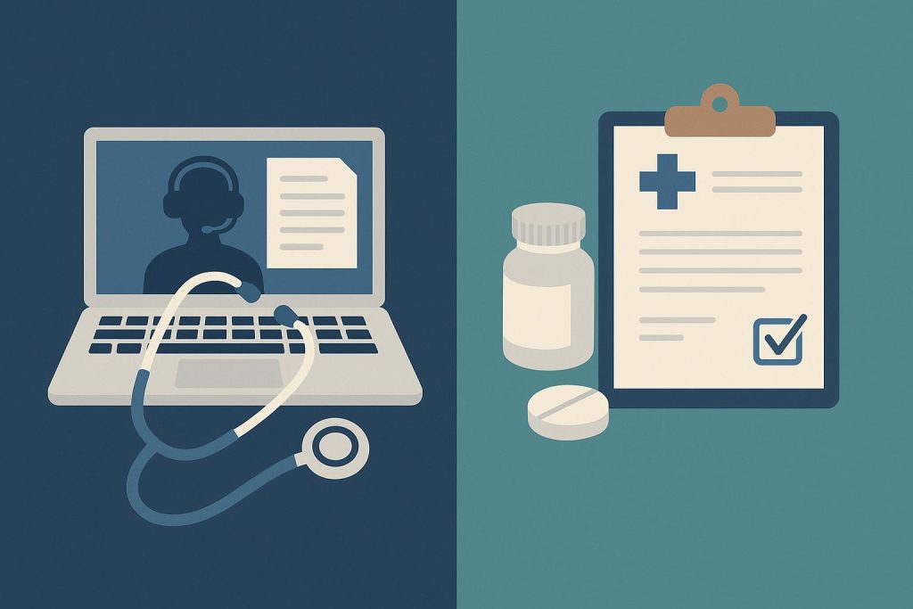 Virtual scribe and medical assistant icons compared to highlight clinic remote role differences