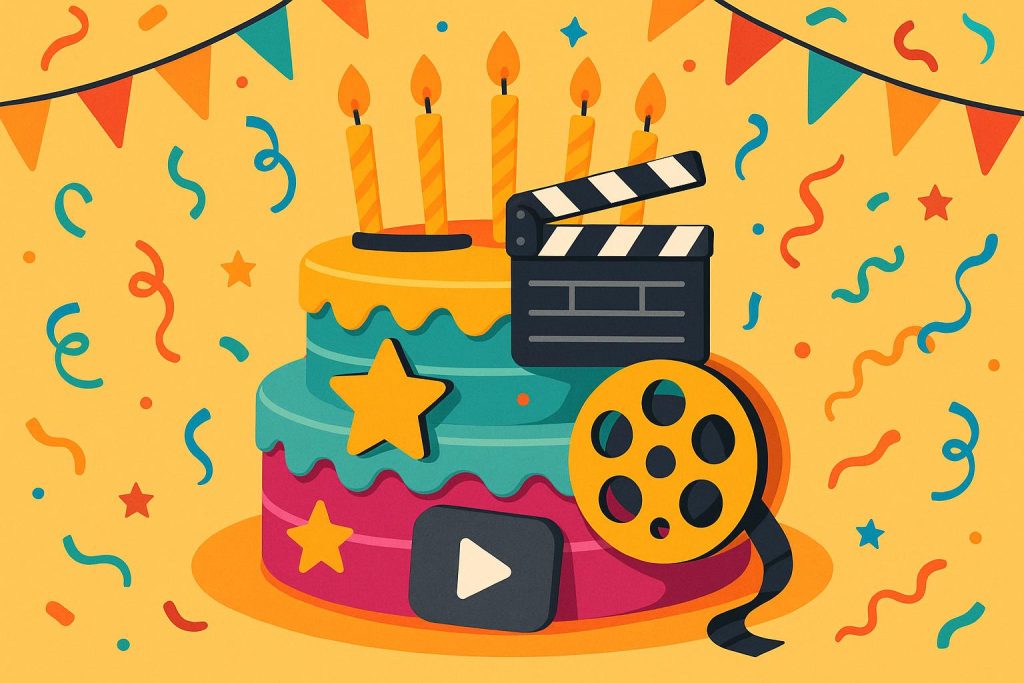 Colorful celebration cake decorated with festive sprinkles and candles on a party table