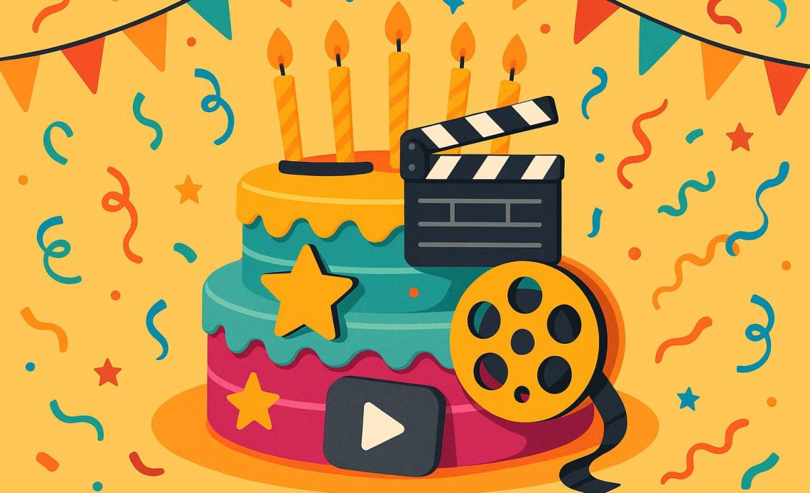 Colorful celebration cake decorated with festive sprinkles and candles on a party table