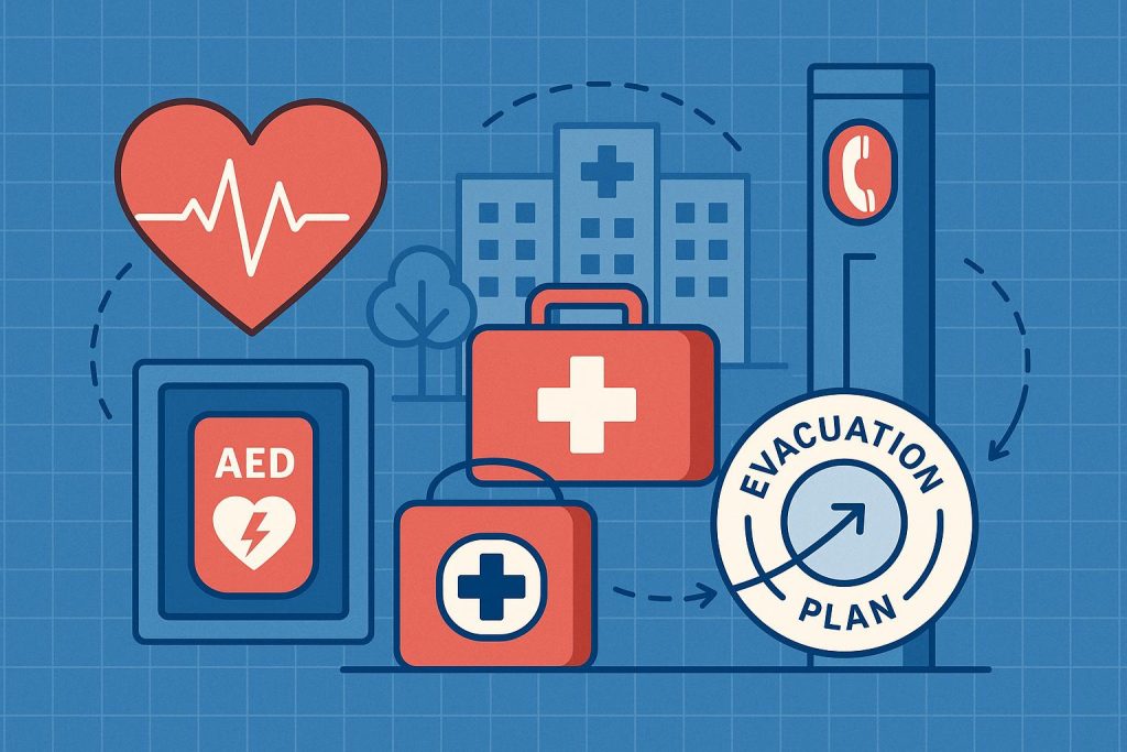 Heart-safe community program concept with heart, medical cross, and emergency response icons