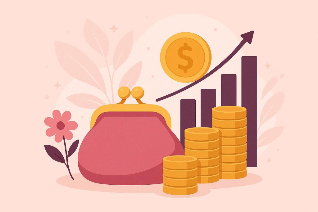 Stack of coins with a pink piggy bank and notepad, representing benefits of women’s savings account