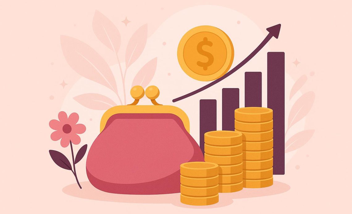 Stack of coins with a pink piggy bank and notepad, representing benefits of women’s savings account