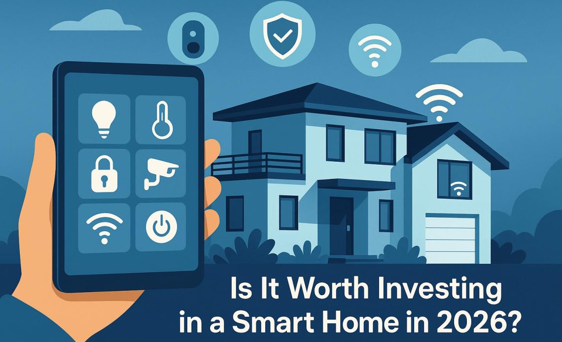 Modern living room showcasing smart home devices like smart lights, voice assistant, and thermostat