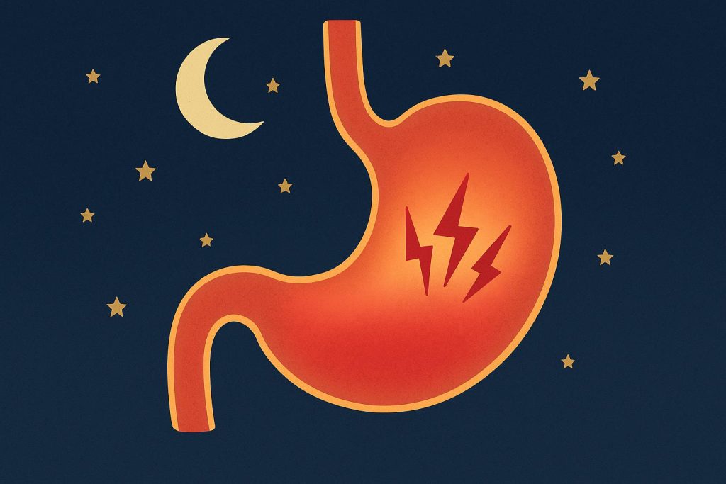 Person clutching stomach in bed, experiencing nighttime abdominal pain and discomfort