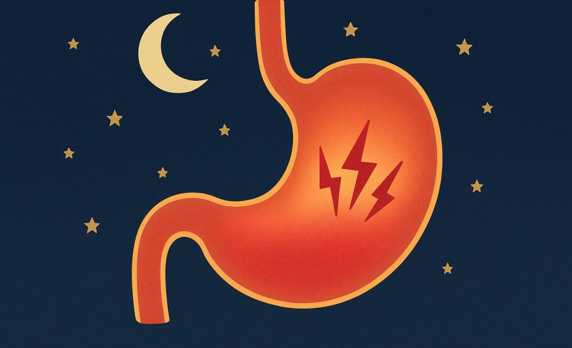 Person clutching stomach in bed, experiencing nighttime abdominal pain and discomfort