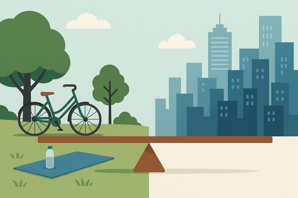 City skyline blending green parks and modern buildings, symbolizing balanced urban living