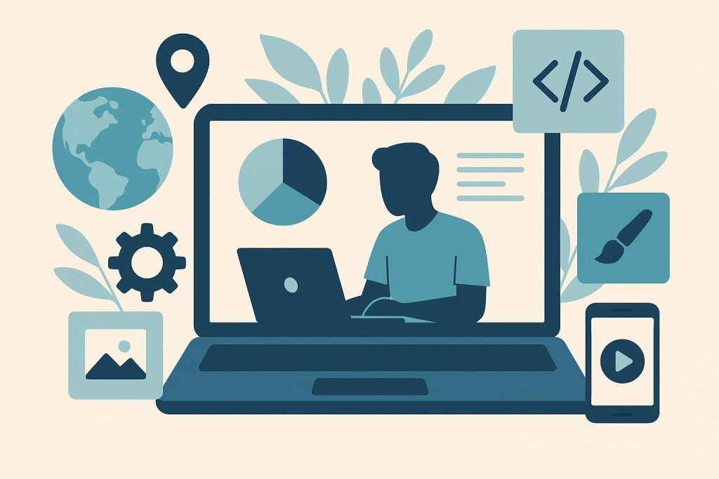 Laptop and smartphone with project charts, representing remote freelance tech and creative work