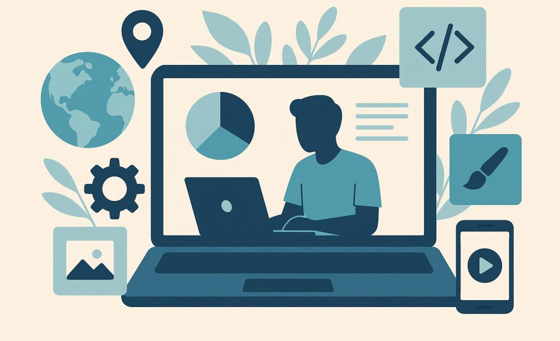 Laptop and smartphone with project charts, representing remote freelance tech and creative work