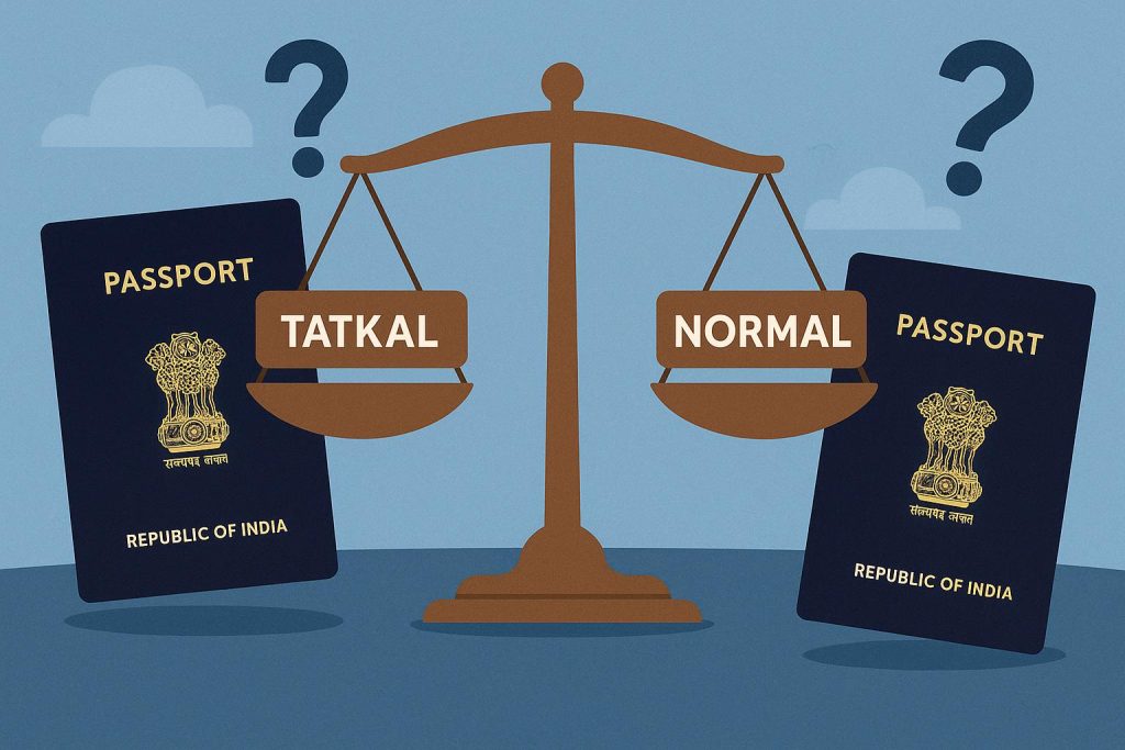 Indian passport with Tatkal and Normal renewal application forms side by side on a desk