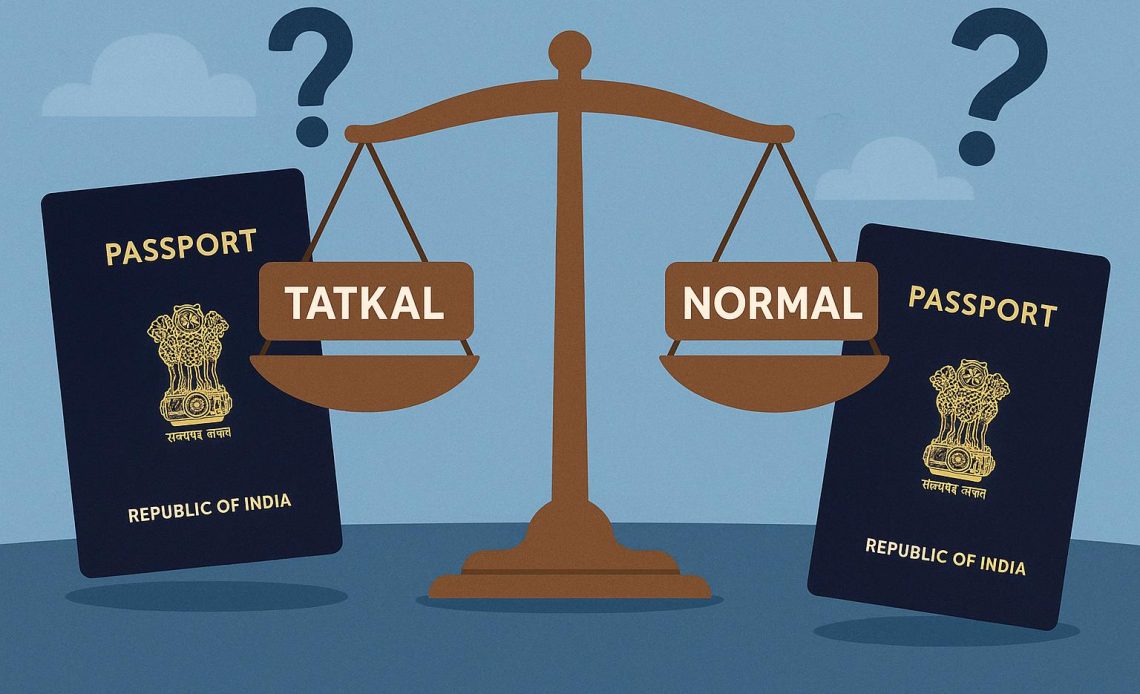 Indian passport with Tatkal and Normal renewal application forms side by side on a desk