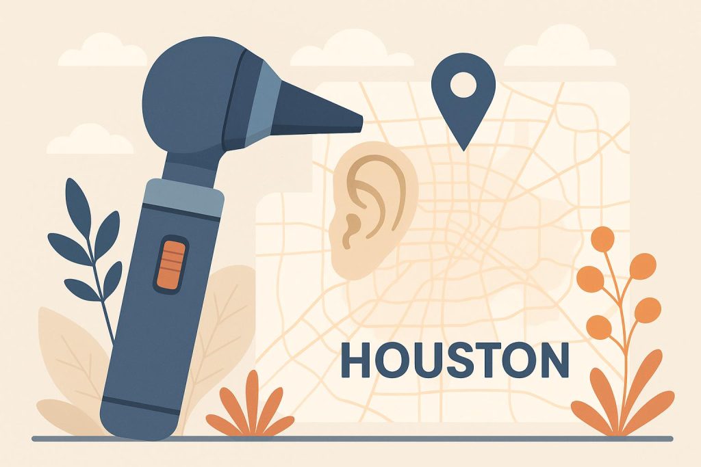Hearing specialist consulting with patient at a Houston clinic, hearing health solutions discussed