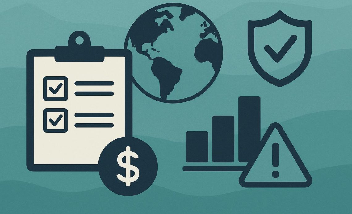 Global payroll compliance concept with international currencies and documents for risk management