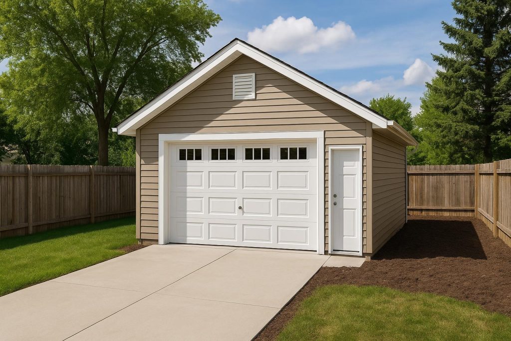 Modern residential garage construction attached to a suburban home with driveway and landscaping