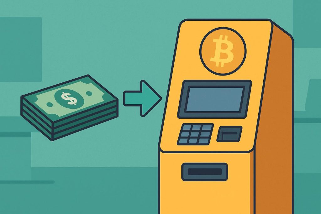 Crypto ATM interface showing digital wallet options and cash slot for cryptocurrency transactions