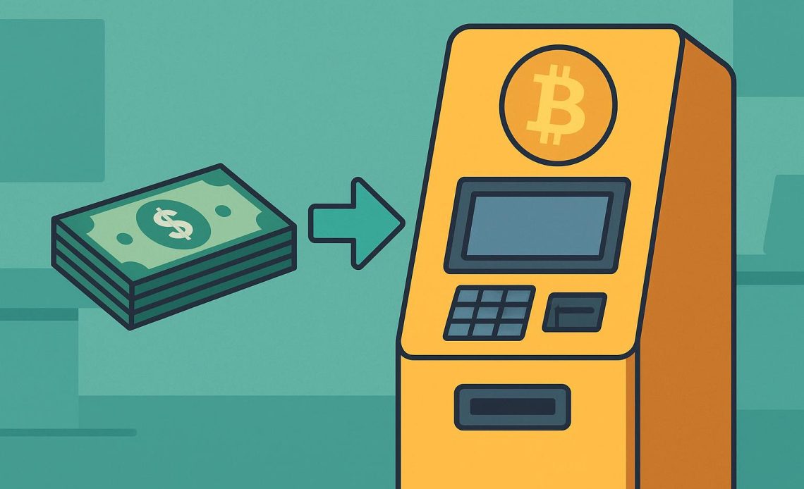 Crypto ATM interface showing digital wallet options and cash slot for cryptocurrency transactions