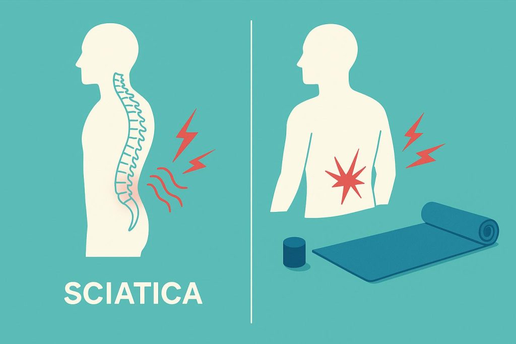 Illustration comparing sciatica nerve pain to general lower back muscle strain for physiotherapy