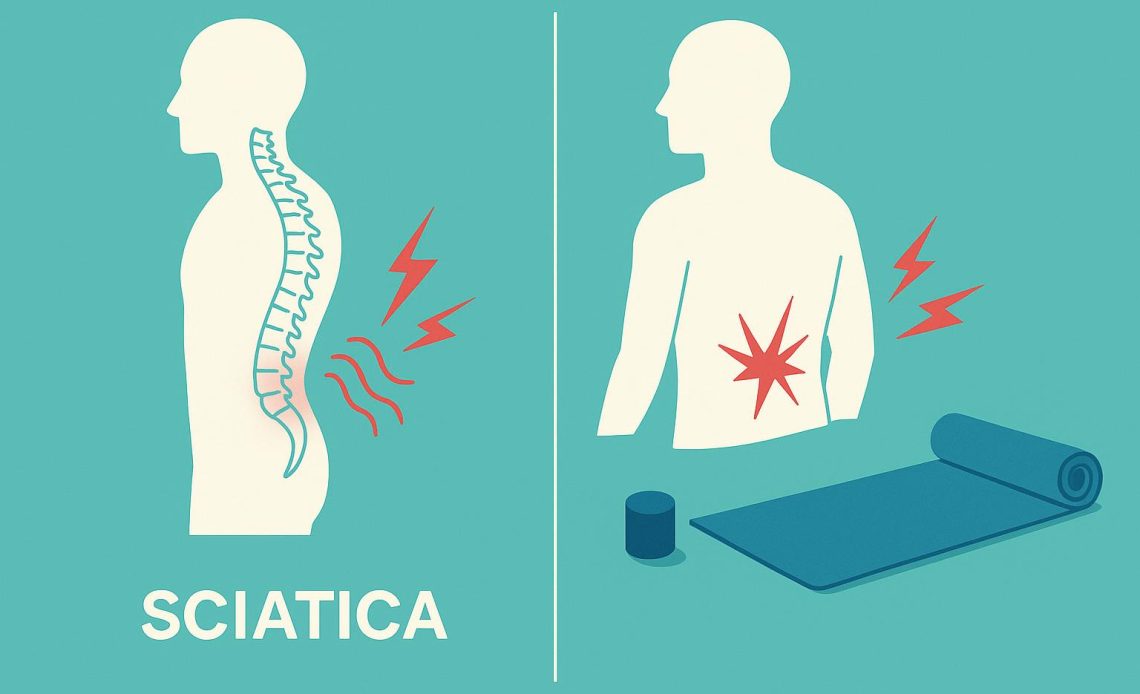 Illustration comparing sciatica nerve pain to general lower back muscle strain for physiotherapy