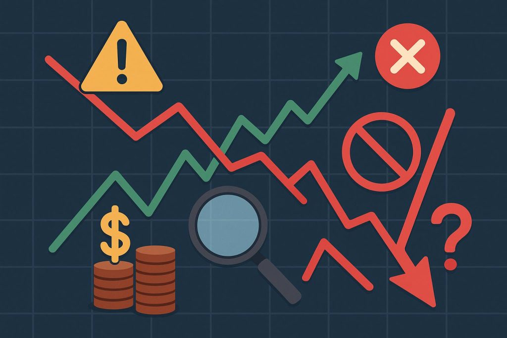 Stock chart with highlighted errors and correction marks illustrating investment mistakes