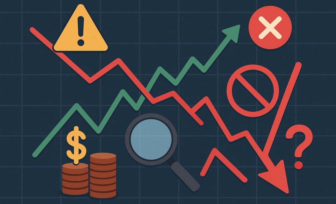 Stock chart with highlighted errors and correction marks illustrating investment mistakes