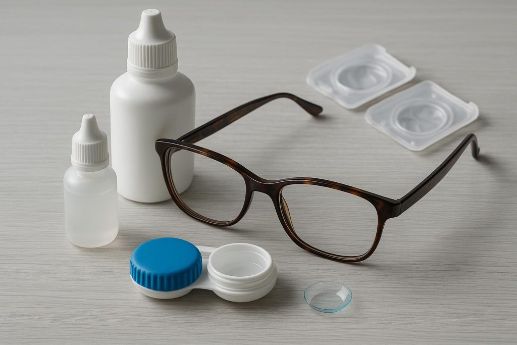Eyeglasses and contact lenses on a table representing non-surgical presbyopia vision solutions