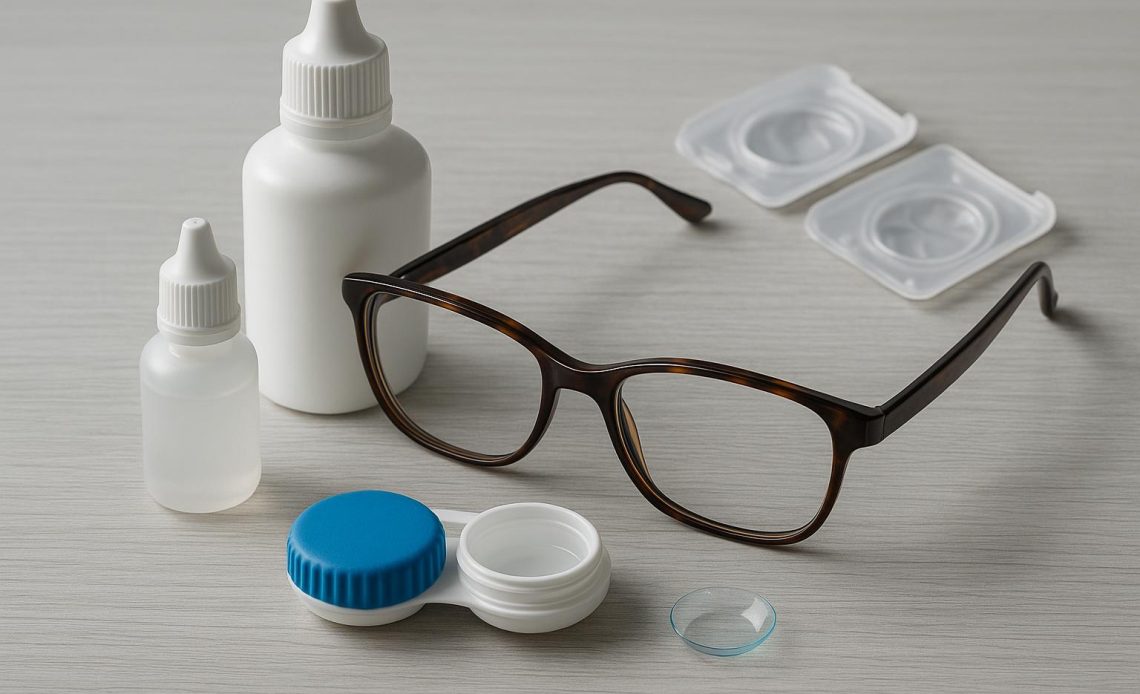Eyeglasses and contact lenses on a table representing non-surgical presbyopia vision solutions