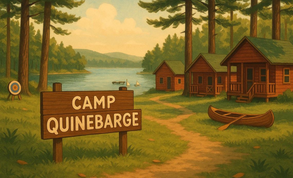 Cabins and canoes by the lake at Camp Quinebarge showing classic sleepaway camp activities
