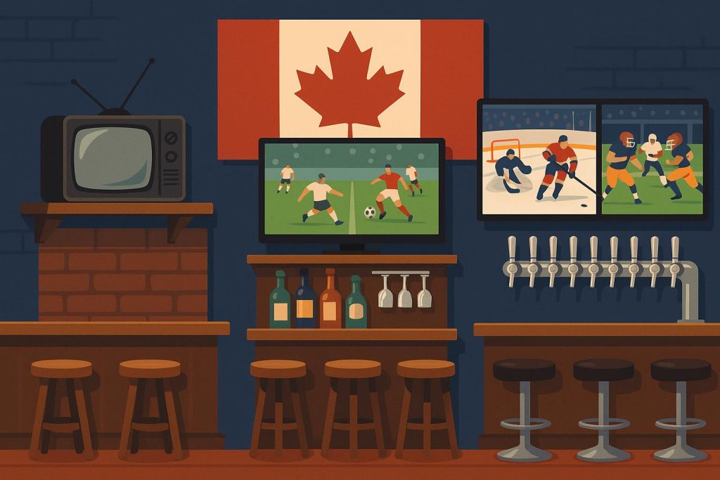 Modern Canadian sports bar interior with big screens and fans enjoying a live hockey game