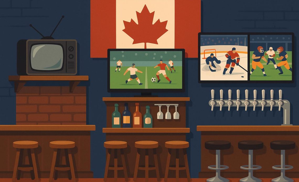 Modern Canadian sports bar interior with big screens and fans enjoying a live hockey game