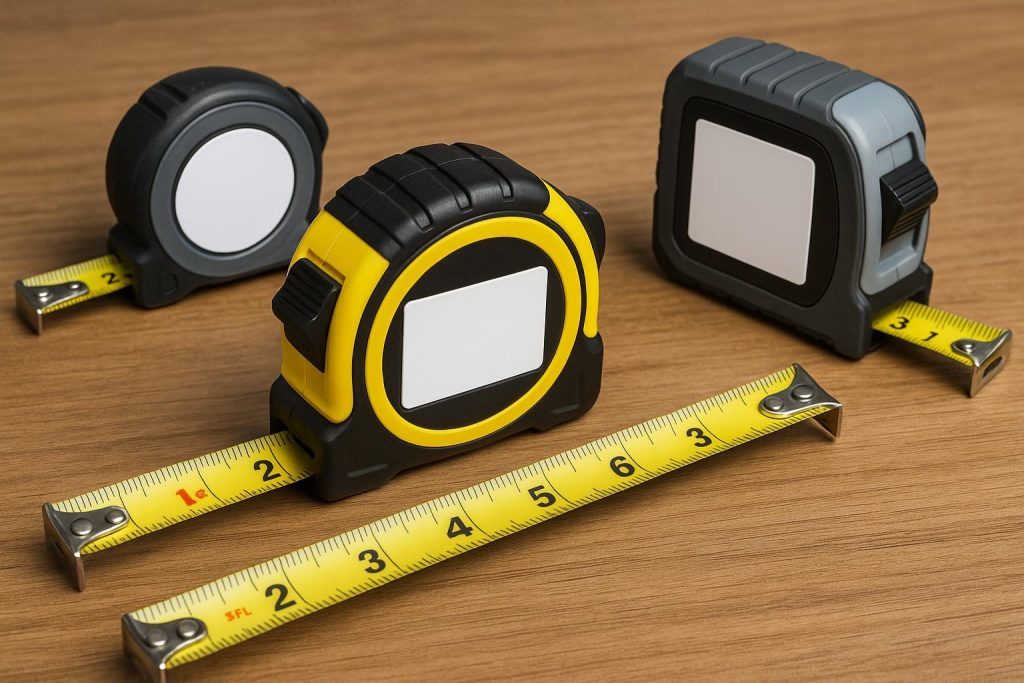 Assorted custom tape measures with branded logos representing premium quality and durability