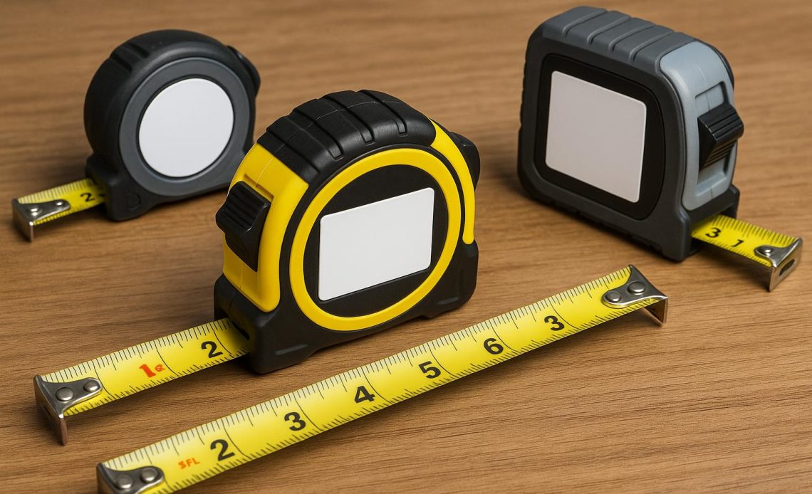 Assorted custom tape measures with branded logos representing premium quality and durability