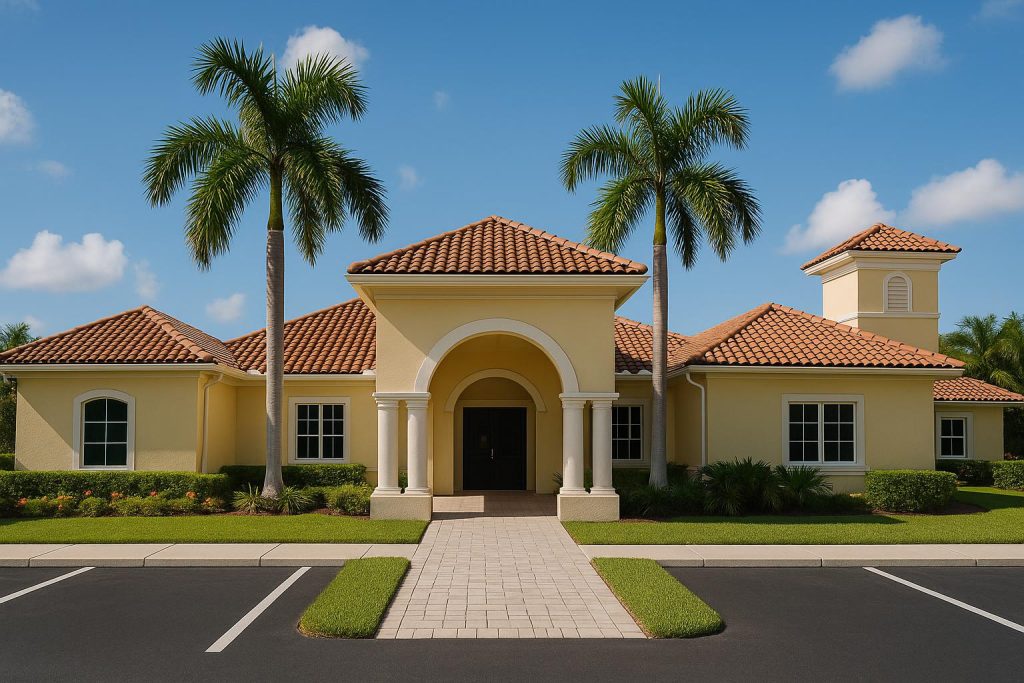 Modern Miami mental health treatment center exterior surrounded by palm trees and calming gardens