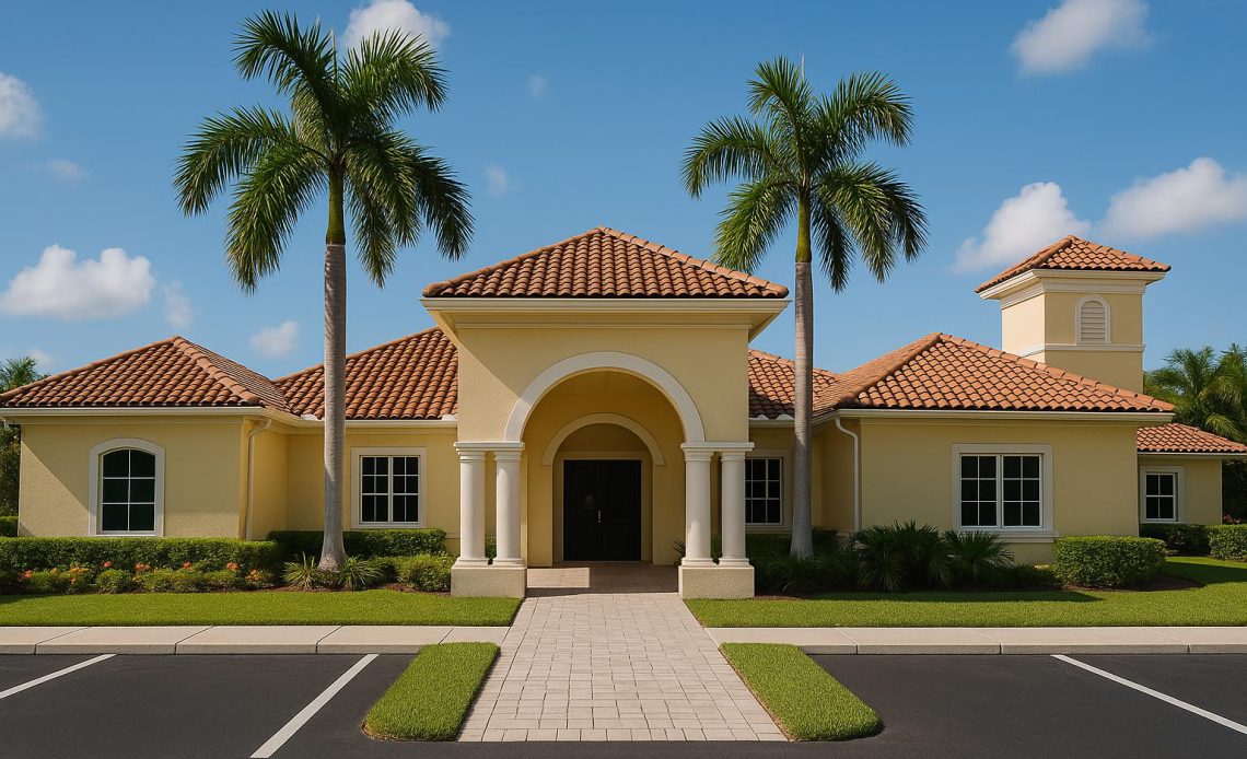 Modern Miami mental health treatment center exterior surrounded by palm trees and calming gardens