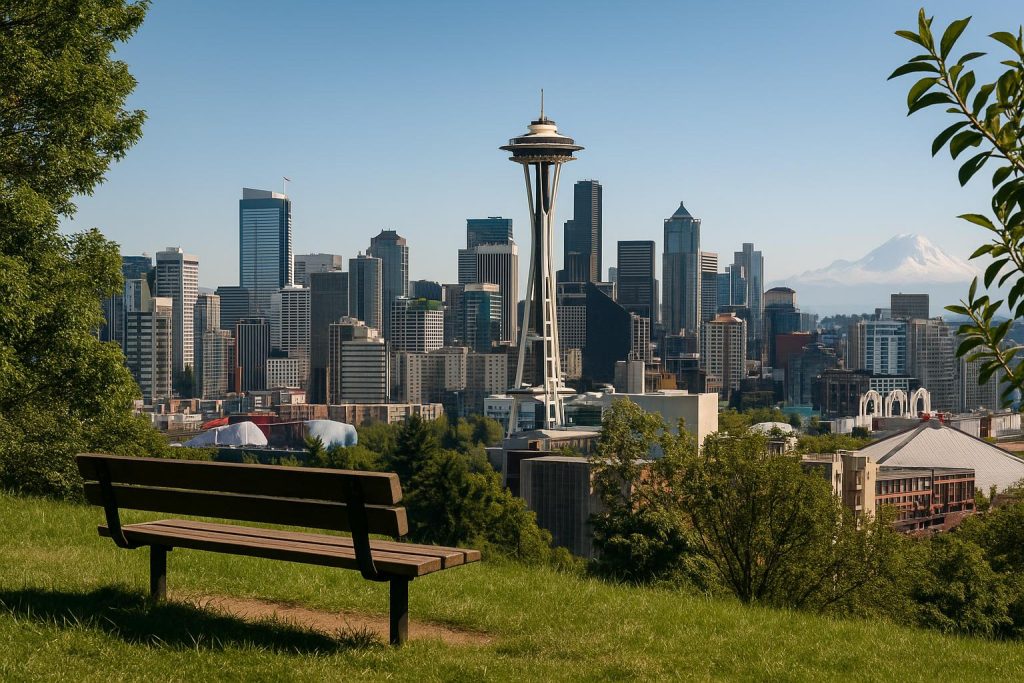 Seattle skyline with mental health symbols representing treatment options and wellness resources