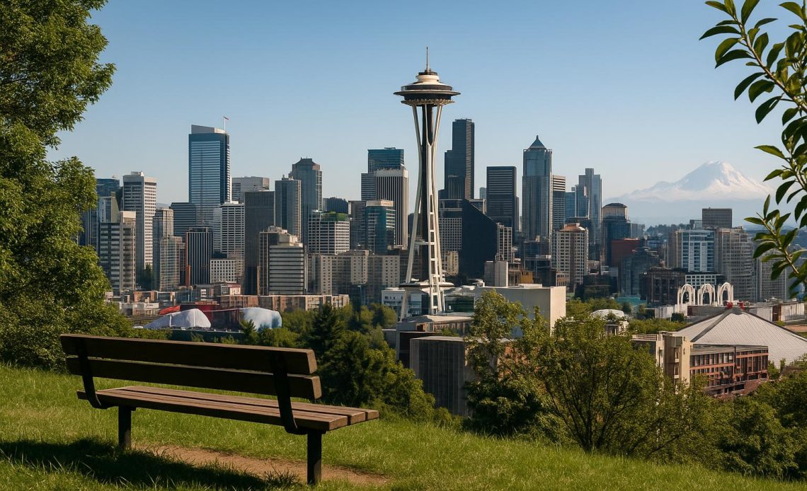Seattle skyline with mental health symbols representing treatment options and wellness resources