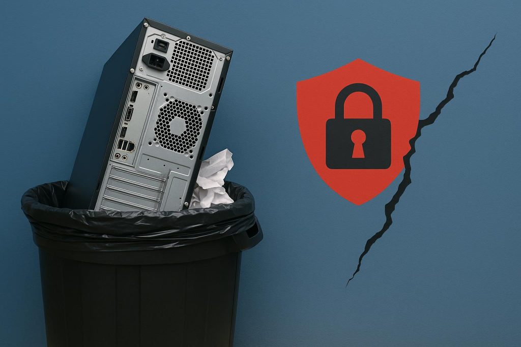 Discarded computers and servers with exposed hard drives illustrating IT asset disposal risks