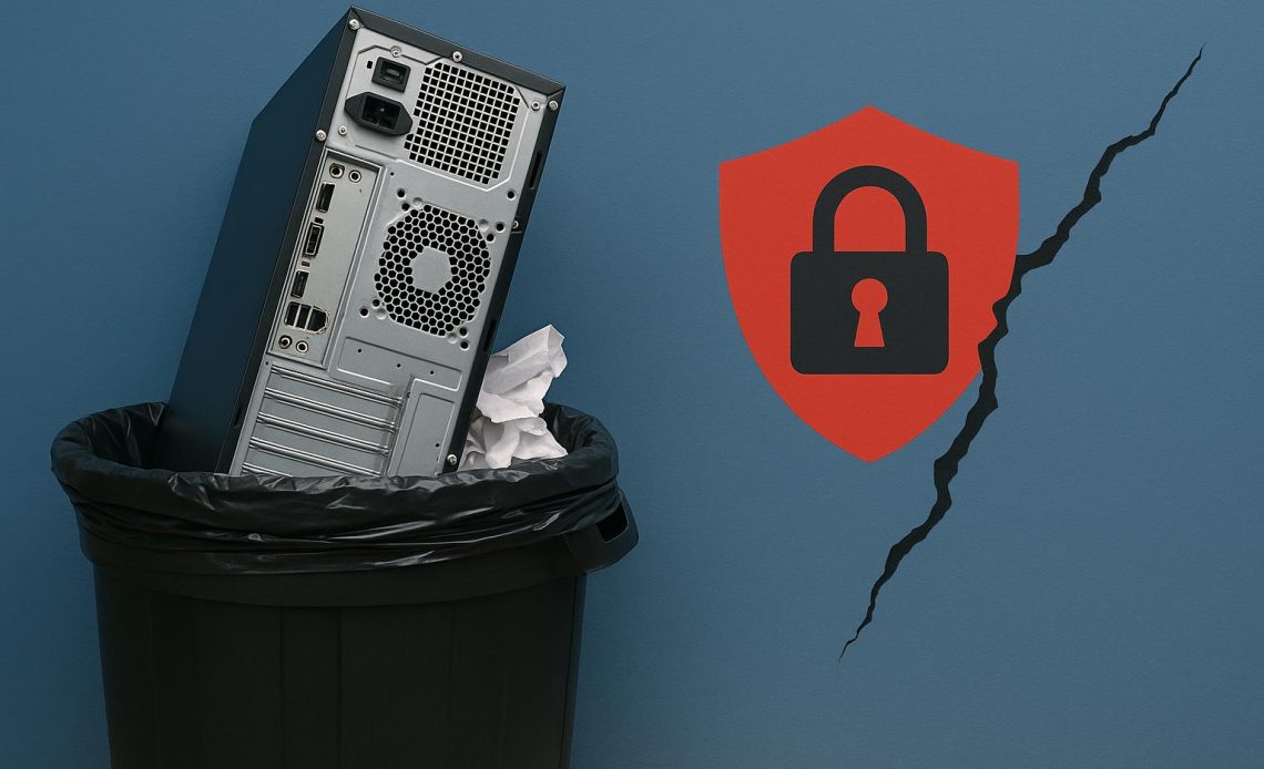 Discarded computers and servers with exposed hard drives illustrating IT asset disposal risks