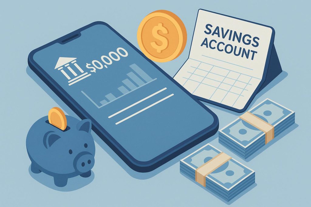Person using smartphone app to track savings account balance and manage finances efficiently
