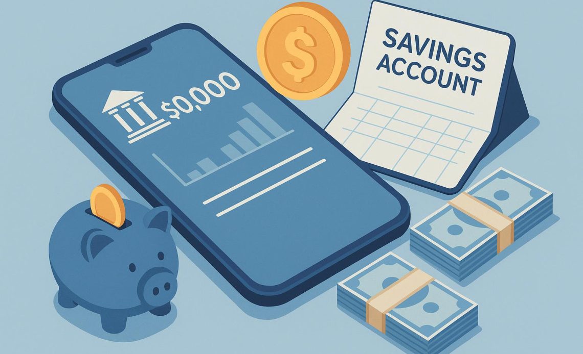 Person using smartphone app to track savings account balance and manage finances efficiently