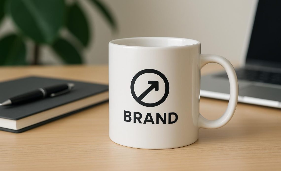 Custom branded mugs on office desk showcasing company logo for business brand loyalty promotion