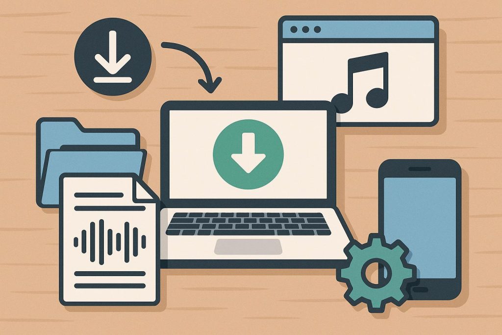 Digital tools for downloading, transcribing, and organizing files on a computer desktop