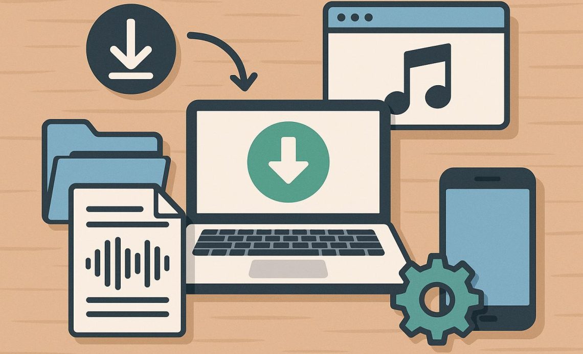 Digital tools for downloading, transcribing, and organizing files on a computer desktop