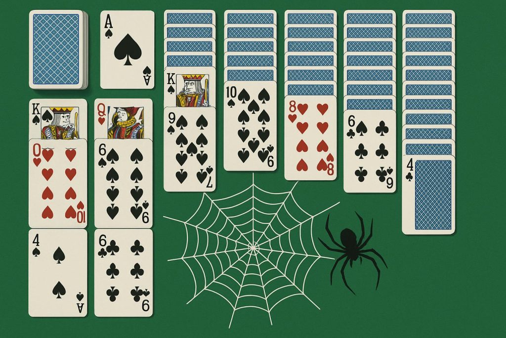 Spider Solitaire cards arranged in organized columns, illustrating order emerging from complex patterns
