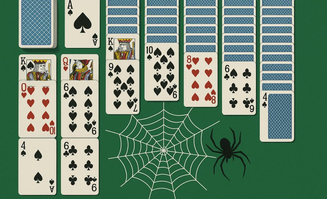 Spider Solitaire cards arranged in organized columns, illustrating order emerging from complex patterns